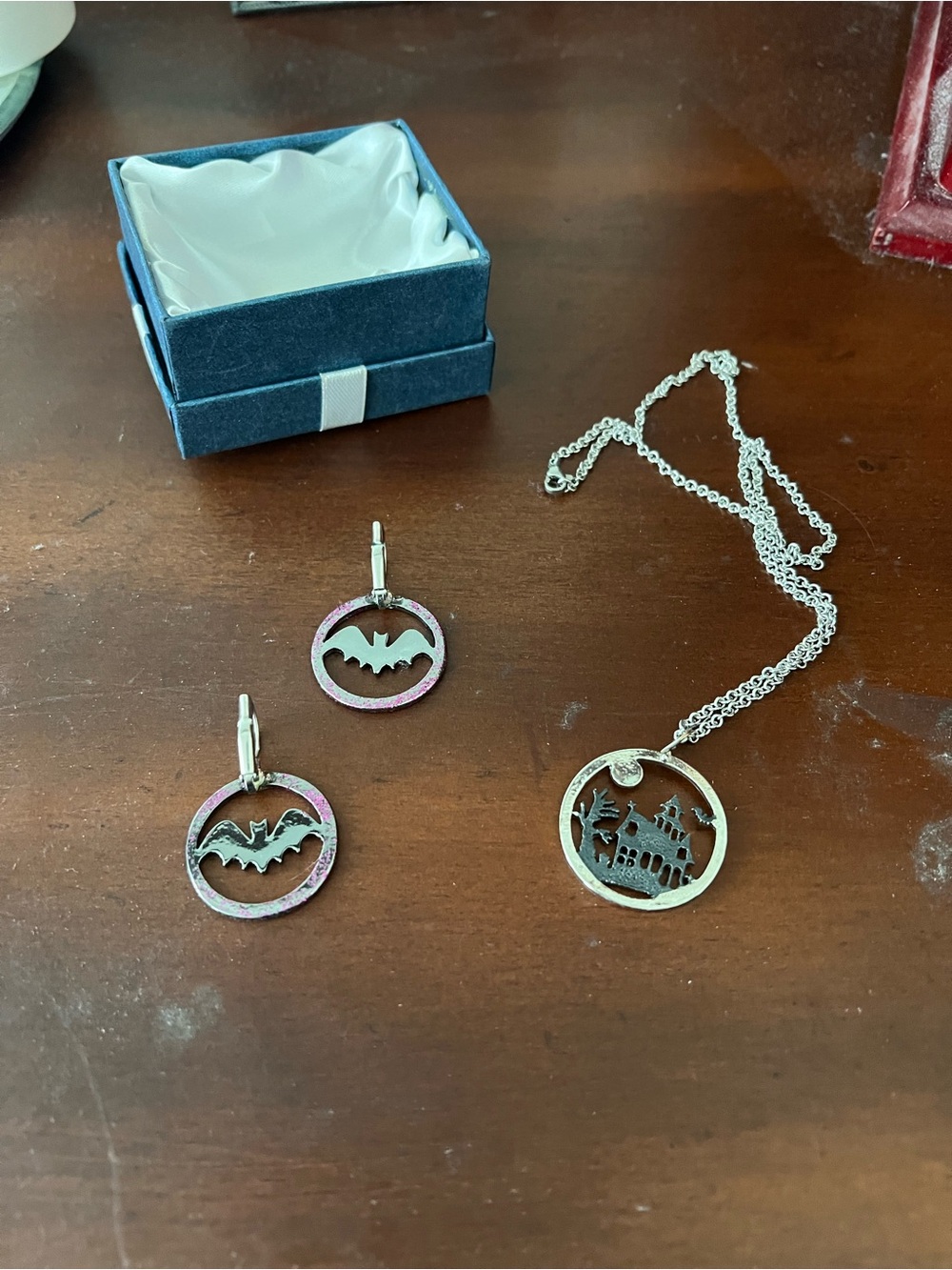Silver Halloween Bat Earrings & Haunted House Pendant Necklace Set